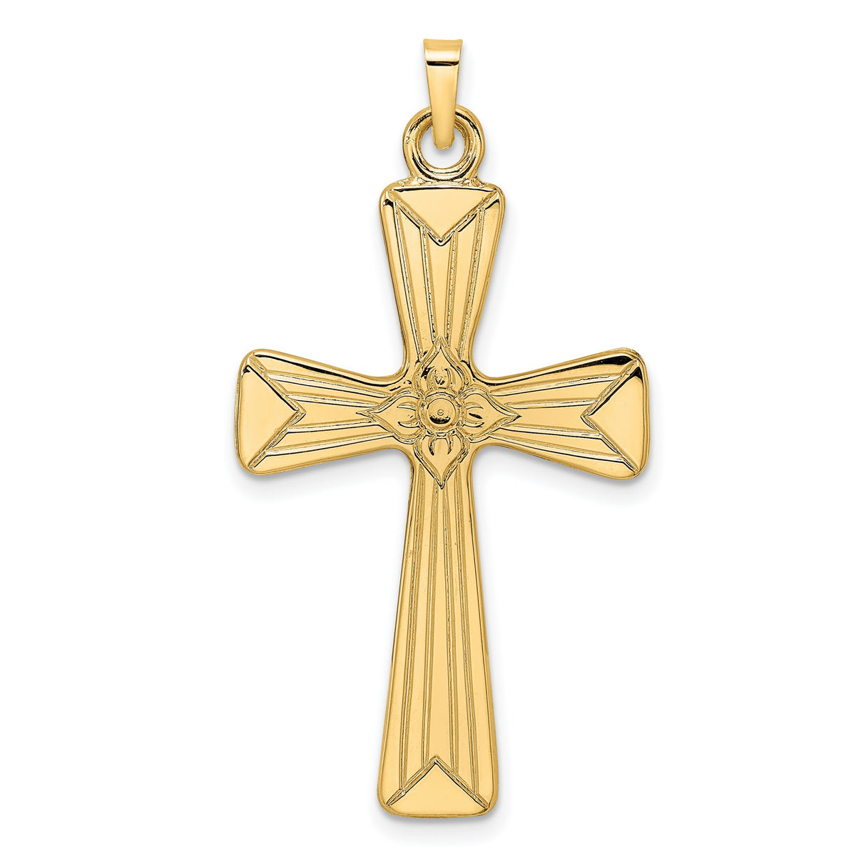 14k Yellow Gold Cross Pendant with Rays and Floral Center Motif, Christian Religious Charm