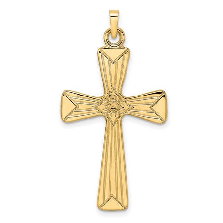 14k Yellow Gold Cross Pendant with Rays and Floral Center Motif, Christian Religious Charm