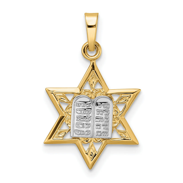 Polished Solid Star and Torah Charm Pendant in Real 14k Multi-Tone Gold