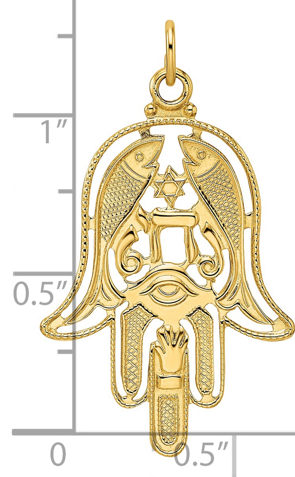 14k Yellow Gold Hamsa Pendant with Chai, Star of David, Evil Eye and Fish Motifs
