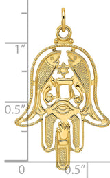 14k Yellow Gold Hamsa Pendant with Chai, Star of David, Evil Eye and Fish Motifs