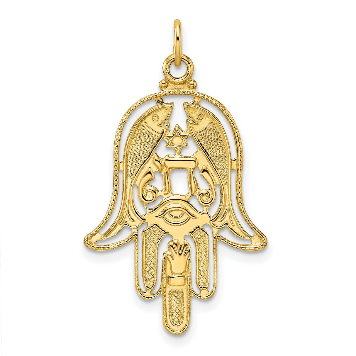14k Yellow Gold Hamsa Pendant with Chai, Star of David, Evil Eye and Fish Motifs