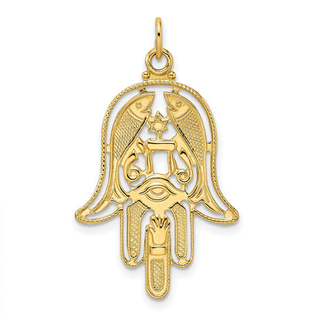 14k Yellow Gold Hamsa Pendant with Chai, Star of David, Evil Eye and Fish Motifs