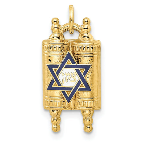 14k Yellow Gold Torah Scroll Pendant with Blue Star of David and Hebrew Script Accent