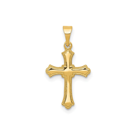 14k Yellow Gold Cross Pendant with Polished Finish, Flared Tips and Beaded Border