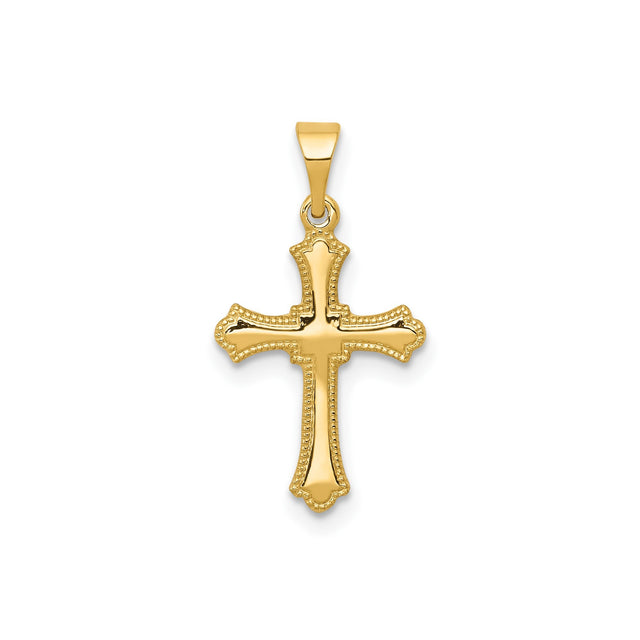 14k Yellow Gold Cross Pendant with Polished Finish, Flared Tips and Beaded Border