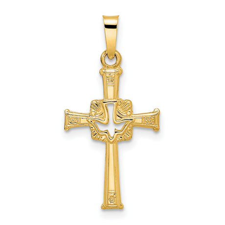 14k Yellow Gold Cross Pendant with Holy Spirit Dove Design, Christian Religious Charm
