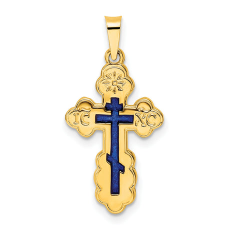 14k Yellow Gold Orthodox Cross Pendant with Deep Blue Enamel and IC XC Inscriptions