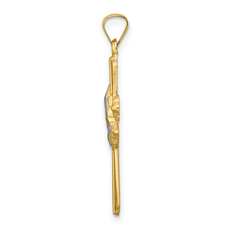 14k Yellow Gold and Rhodium Cross Pendant with Praying Hands, Christian Symbol of Faith