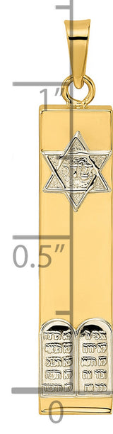 Polished Hollow Mezuzah with Star of David and Torah Charm Pendant in Real 14k Multi-Tone Gold