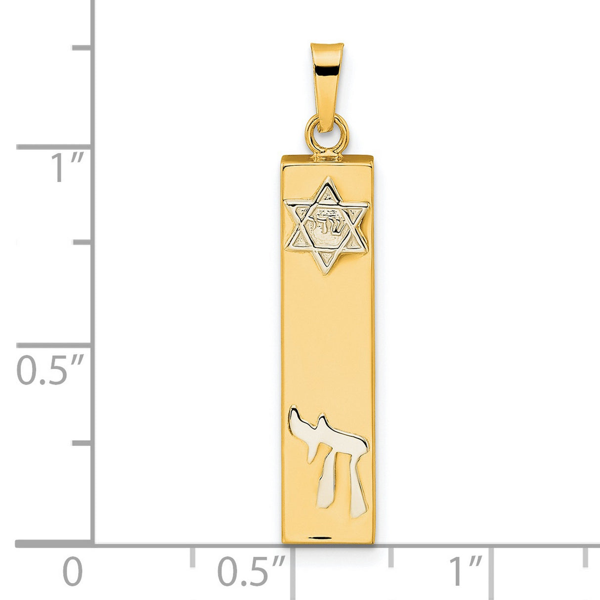 Polished Hollow Mezuzah with Star of David and Chai Charm Pendant in Real 14k Multi-Tone Gold