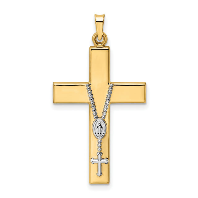 Polished Hollow Rosary Cross Charm Pendant in Real 14k Multi-Tone Gold