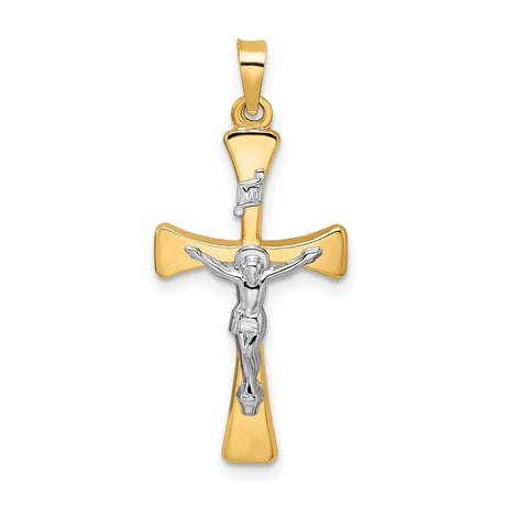 14k Two-Tone Gold INRI Crucifix Pendant with Flared Ends, Christian Cross Jewelry