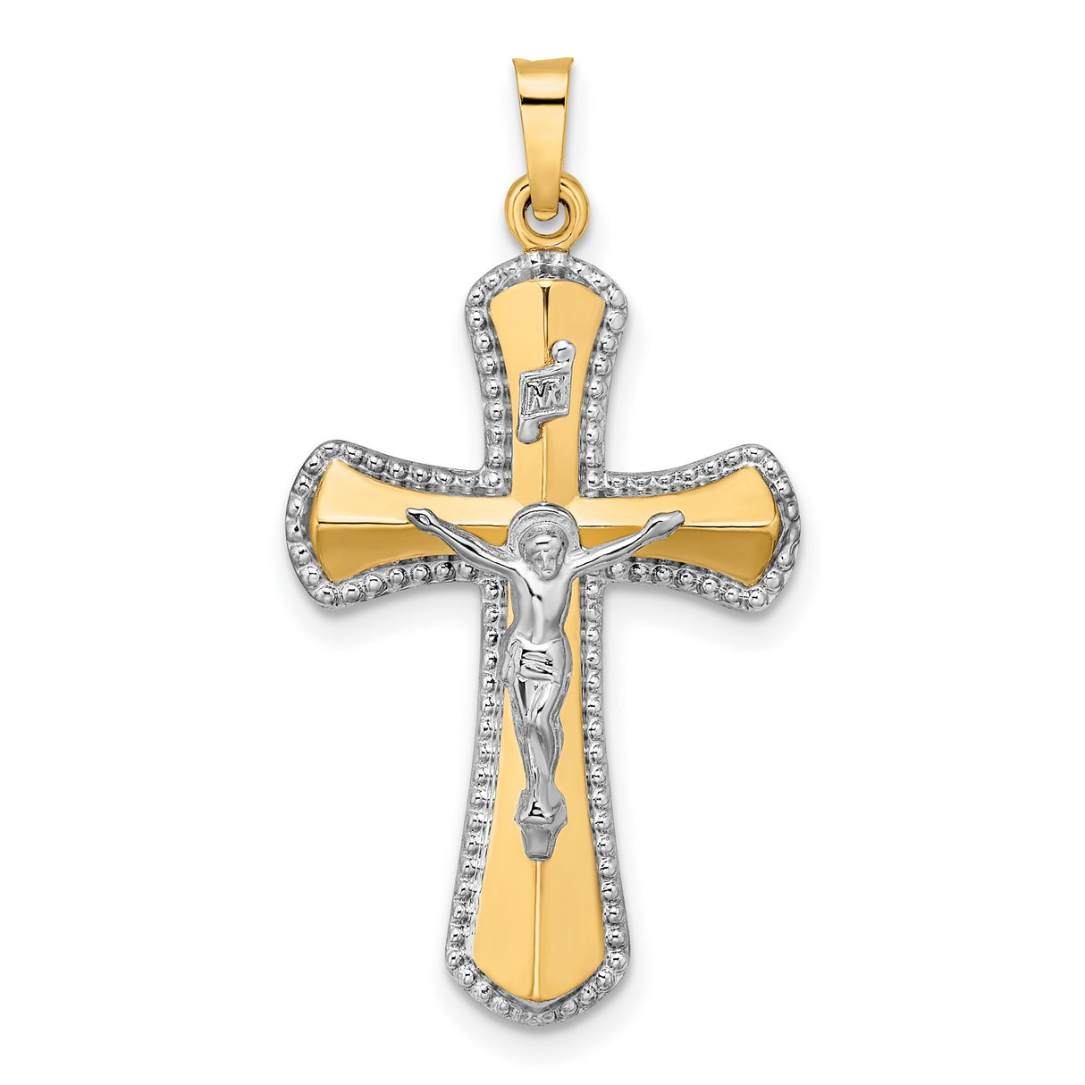 Hollow INRI Crucifix Charm Pendant in Real 14k Multi-Tone Gold