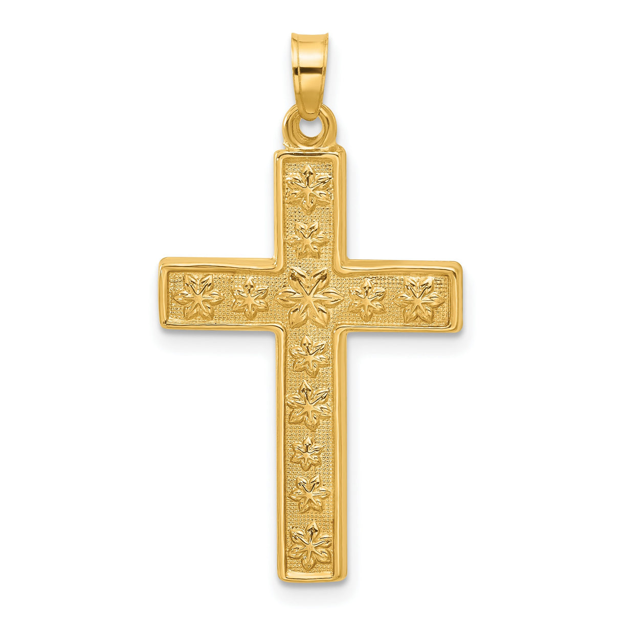 14k Yellow Gold Cross Pendant with Floral Engraving, Christian Religious Jewelry for Women