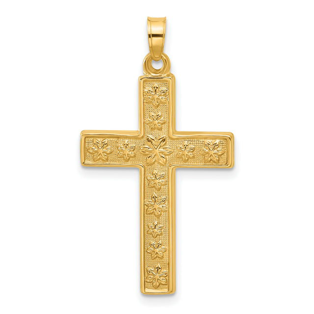 14k Yellow Gold Cross Pendant with Floral Engraving, Christian Religious Jewelry for Women