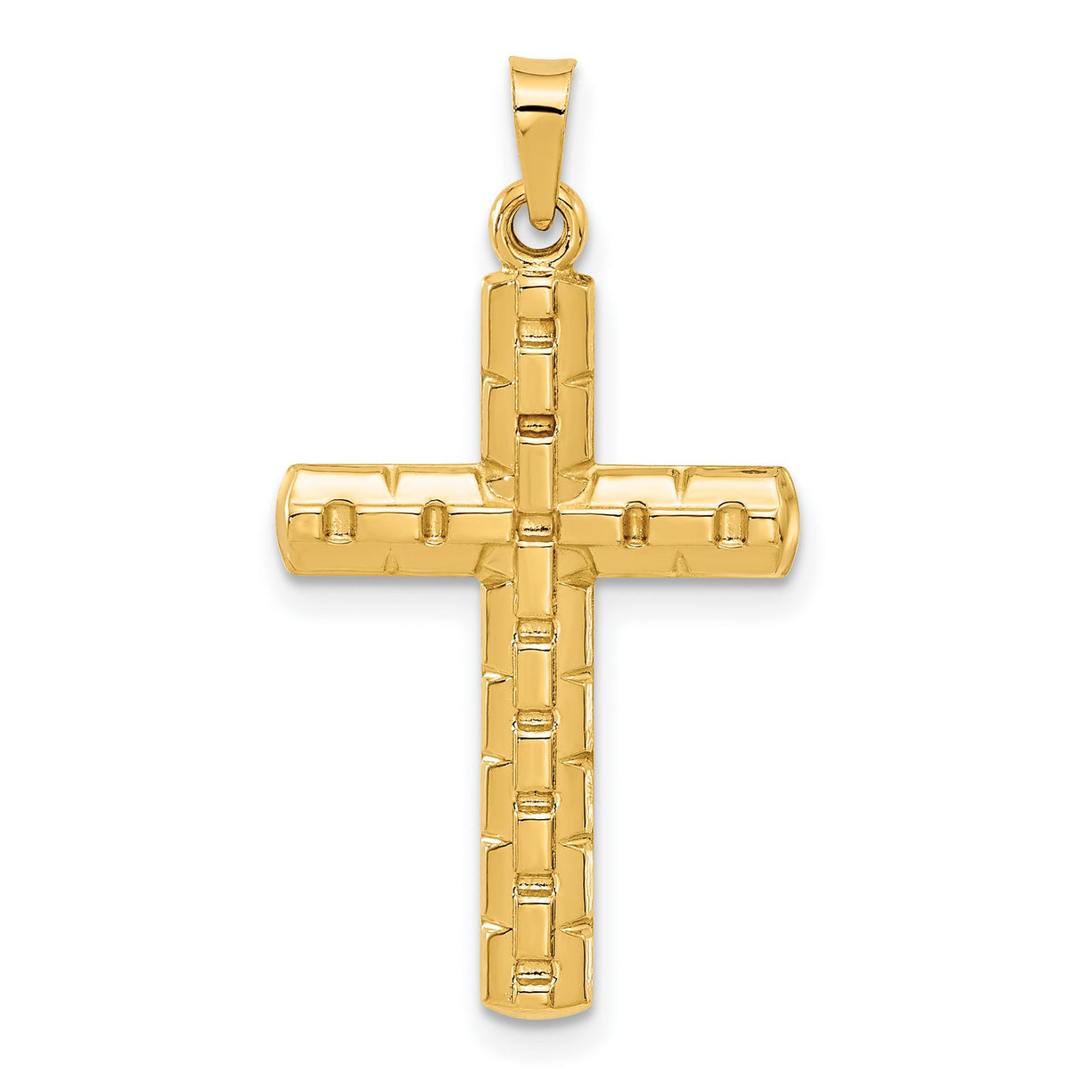 14k Yellow Gold Mens Cross Pendant with Textured Brick Design, Christian Religious Symbol