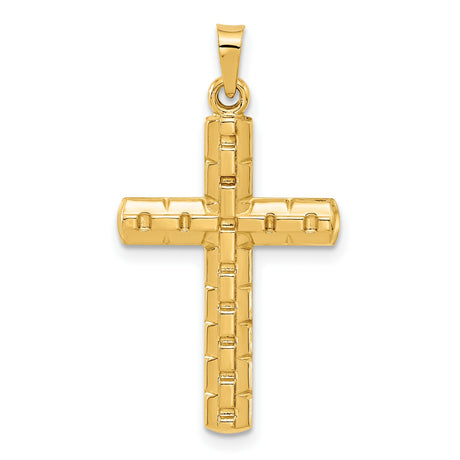 14k Yellow Gold Mens Cross Pendant with Textured Brick Design, Christian Religious Symbol