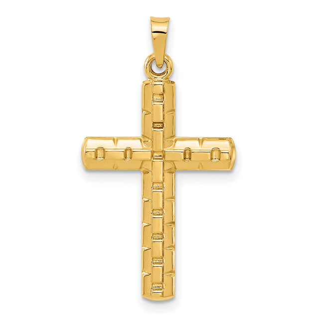 14k Yellow Gold Mens Cross Pendant with Textured Brick Design, Christian Religious Symbol