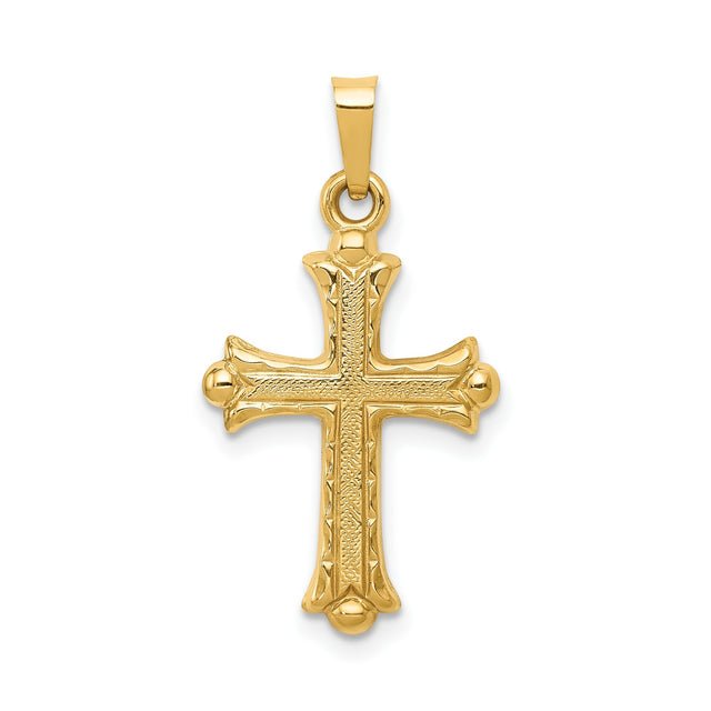 14k Yellow Gold Cross Pendant with Textured Detailing and Rounded Ends for Women or Unisex Wear