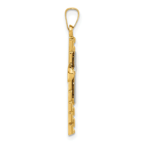 14k Two-Tone Gold Cross Pendant, Raised White Gold on Textured Yellow Base, Block Design for Men