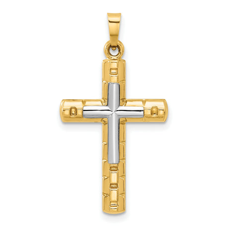 14k Two-Tone Gold Cross Pendant, Raised White Gold on Textured Yellow Base, Block Design for Men