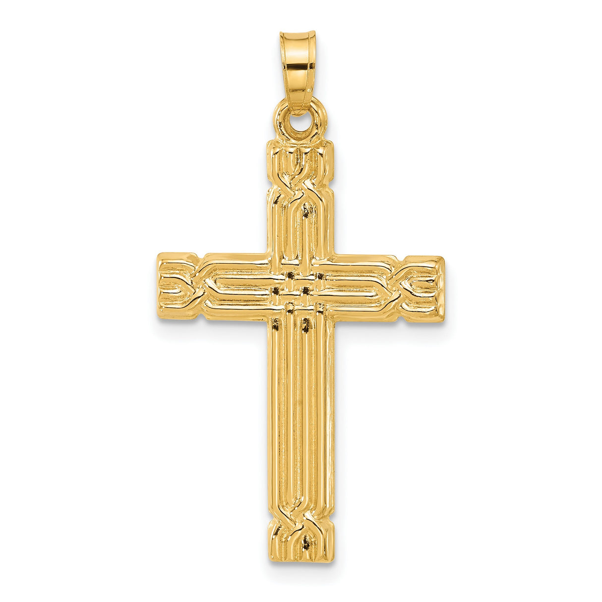 14k Yellow Gold Cross Pendant, Textured Layered Christian Religious Charm for Men and Women