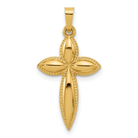 14k Yellow Gold Cross Pendant with Marquise Petal Design and Beaded Edge Detail
