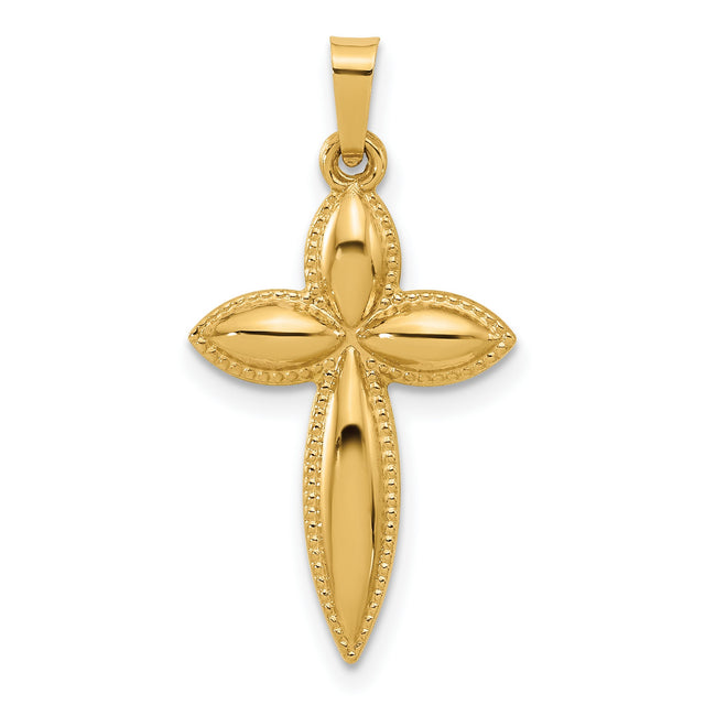 14k Yellow Gold Cross Pendant with Marquise Petal Design and Beaded Edge Detail