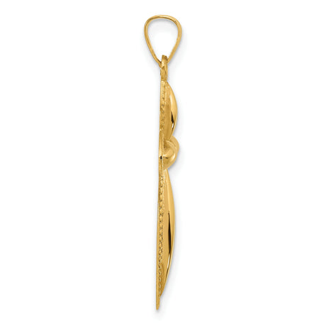 14k Yellow Gold Marquise Cross Pendant with Beaded Edging, Polished Religious Charm for Women