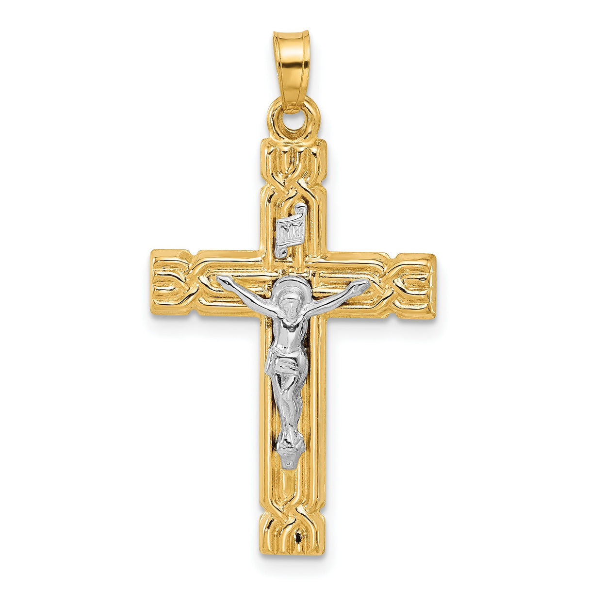 Hollow INRI Crucifix Charm Pendant in Real 14k Multi-Tone Gold