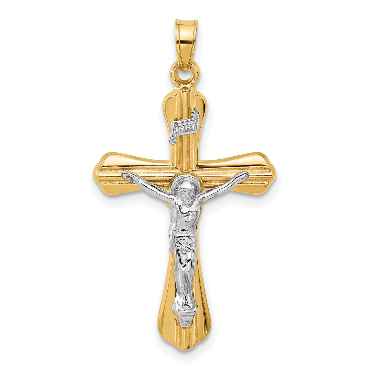Grooved Hollow INRI Crucifix Charm Pendant in Real 14k Multi-Tone Gold