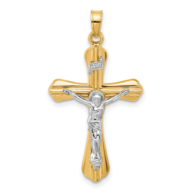 Grooved Hollow INRI Crucifix Charm Pendant in Real 14k Multi-Tone Gold