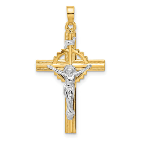14k Two-Tone Gold Crucifix Pendant with Textured Hollow Cross and INRI Jesus Figure