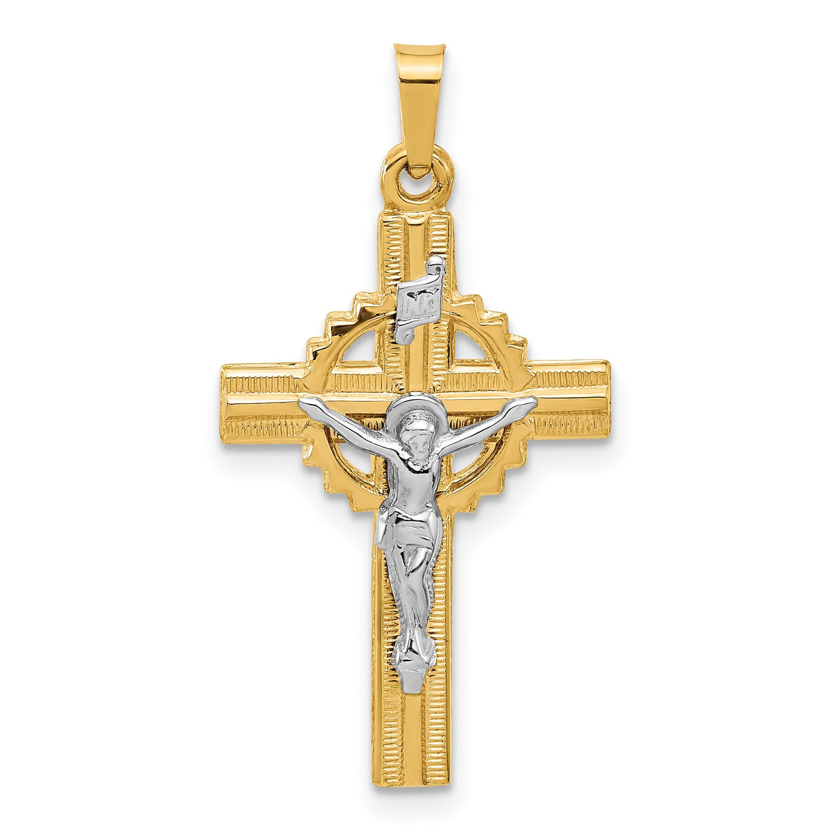 Hollow INRI Crucifix Charm Pendant in Real 14k Multi-Tone Gold