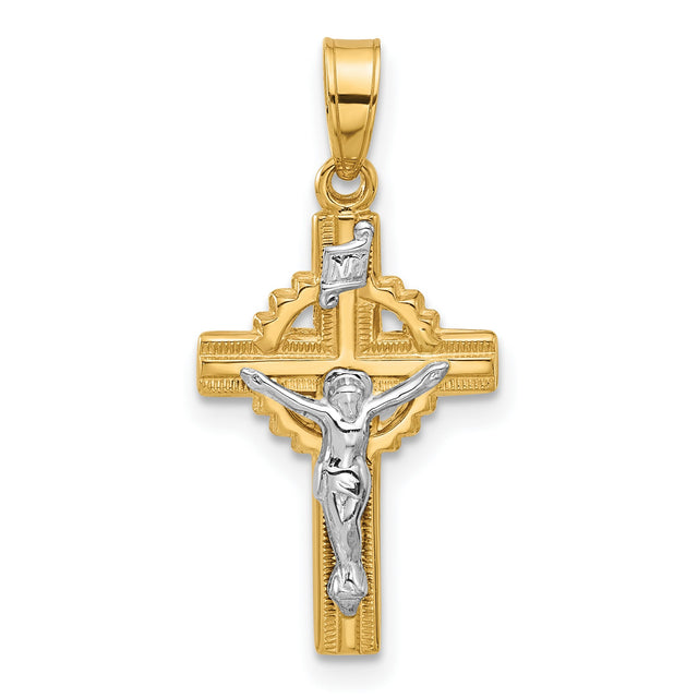 Hollow INRI Crucifix Charm Pendant in Real 14k Multi-Tone Gold