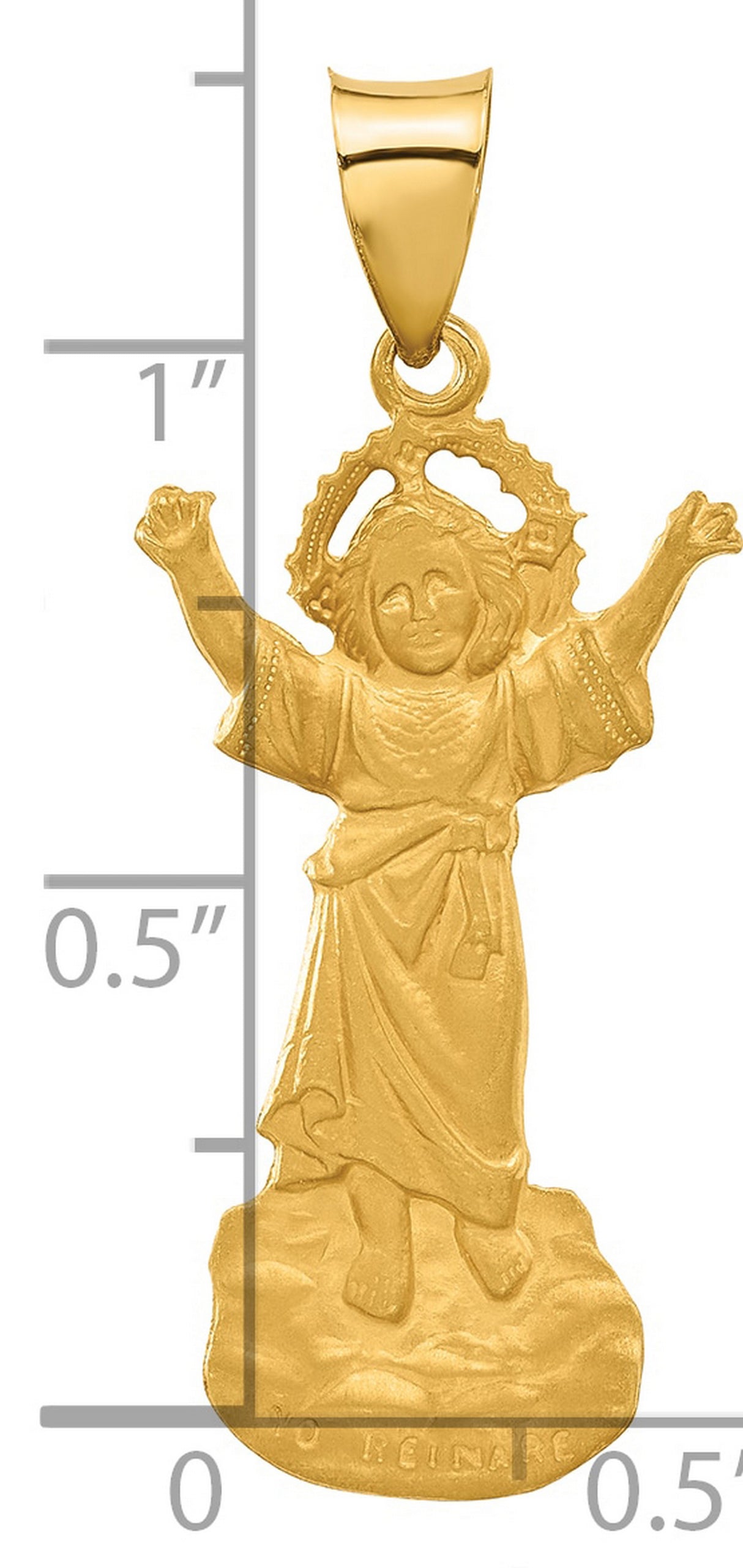 14k Yellow Gold Jesus Pendant with Raised Arms and Halo, Yo Reinare Religious Medal