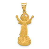 14k Yellow Gold Jesus Pendant with Raised Arms and Halo, Yo Reinare Religious Medal