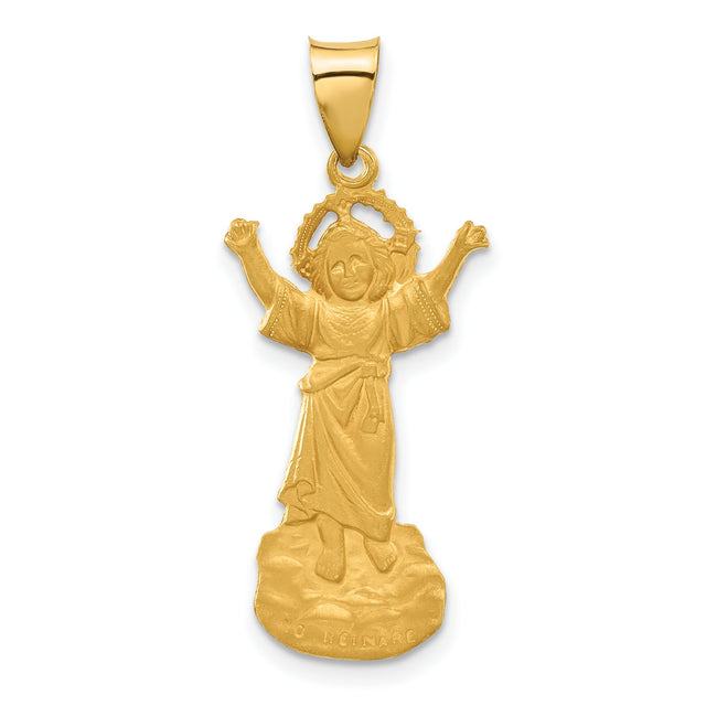 14k Yellow Gold Jesus Pendant with Raised Arms and Halo, Yo Reinare Religious Medal