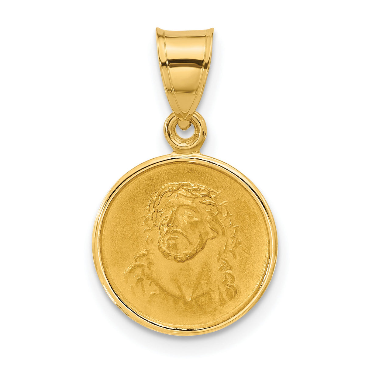 14k Yellow Gold Jesus Crown of Thorns Pendant, Christ Face Religious Medallion Charm