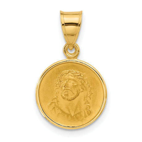 14k Yellow Gold Jesus Crown of Thorns Pendant, Christ Face Religious Medallion Charm