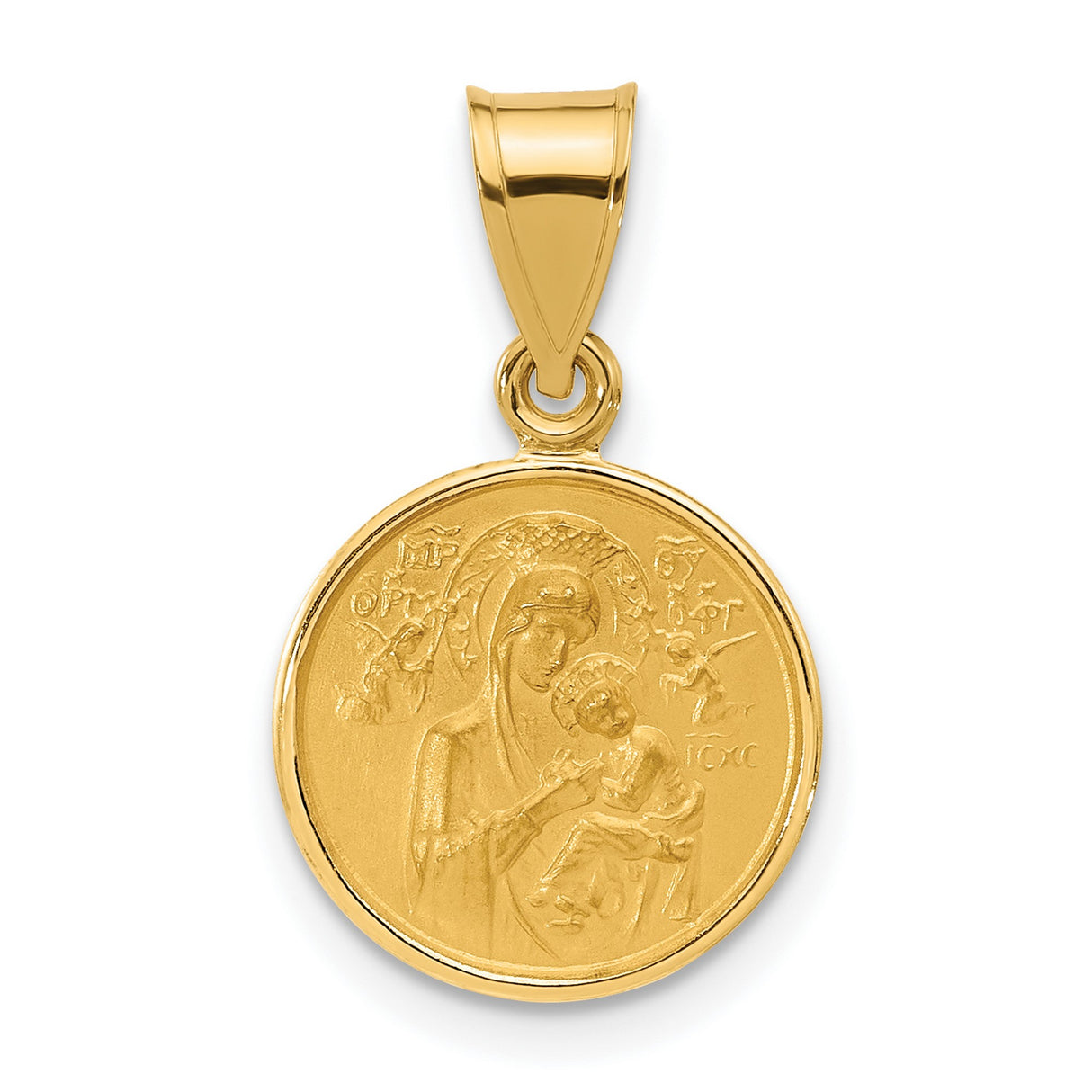 14k Yellow Gold Virgin Mary Pendant with Greek Inscription, Orthodox Christian Medal