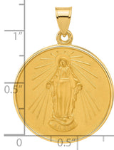 Miraculous Mary Plain Back Medal Charm Pendant in Real 14k Yellow Gold
