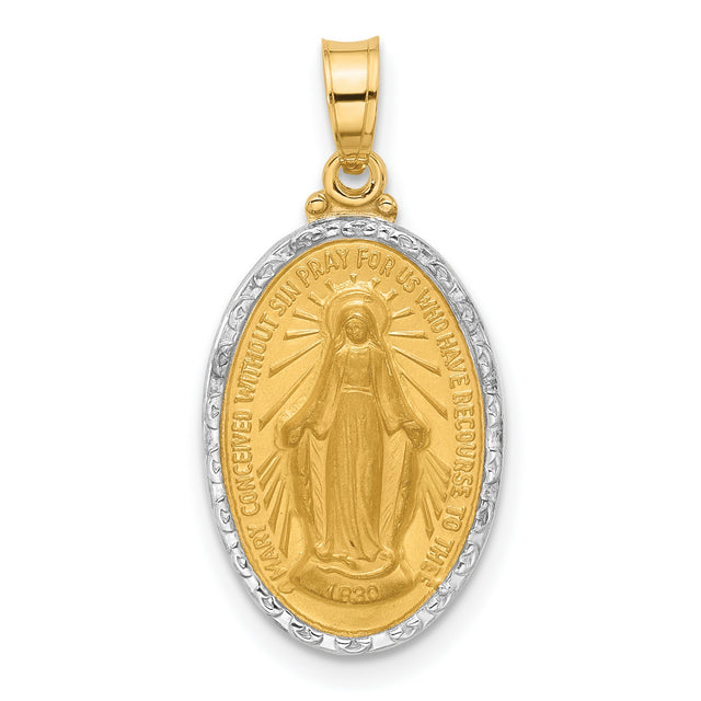 Satin and Polished Miraculous Medal Solid Oval Charm Pendant in Real 14k Multi-Tone Gold