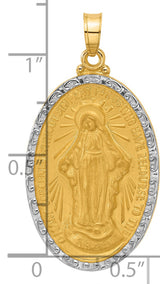 Satin and Polished Miraculous Medal Solid Oval Charm Pendant in Real 14k Multi-Tone Gold