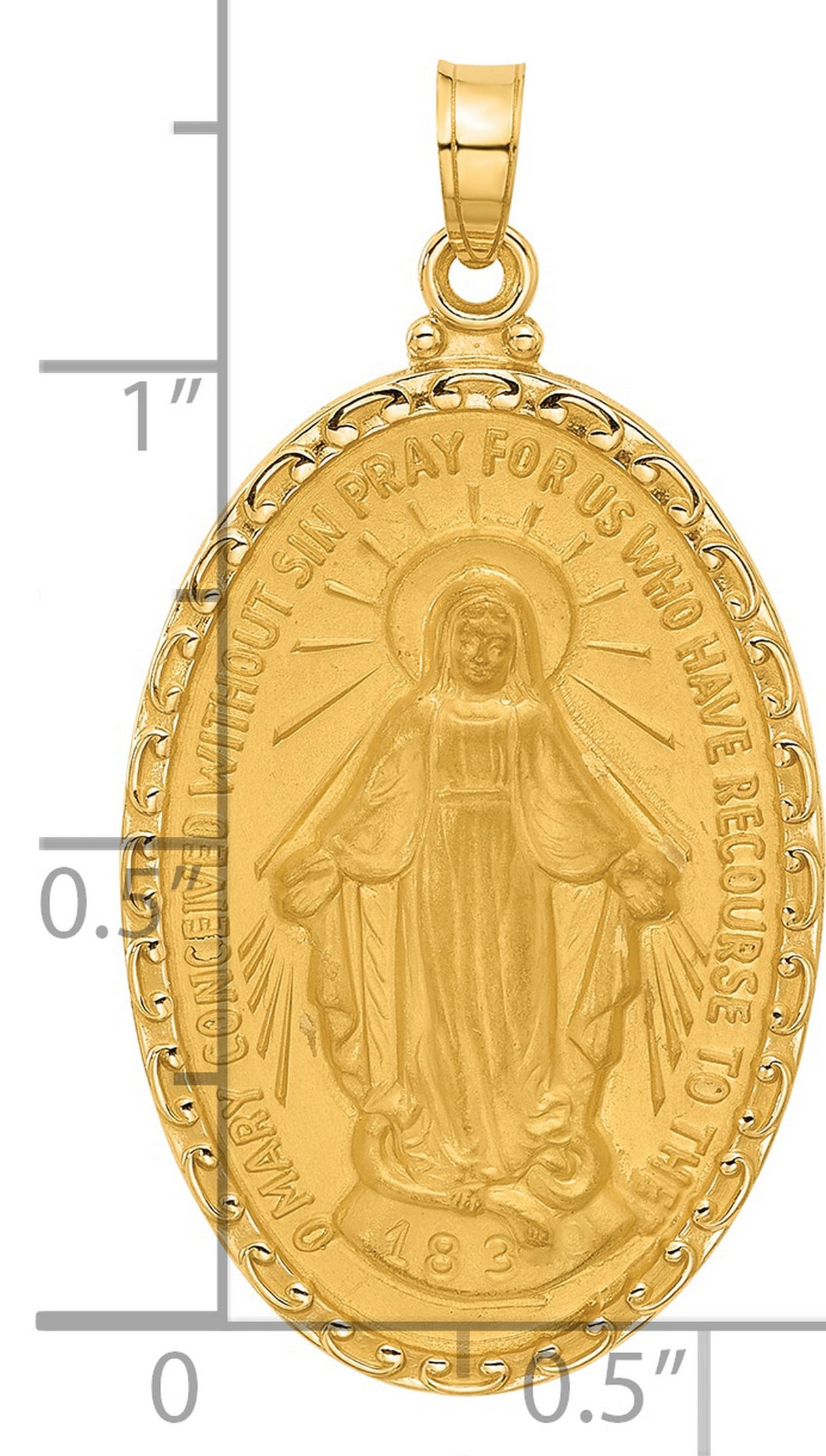 14k Yellow Gold Miraculous Medal Pendant Featuring Virgin Mary and Inscription