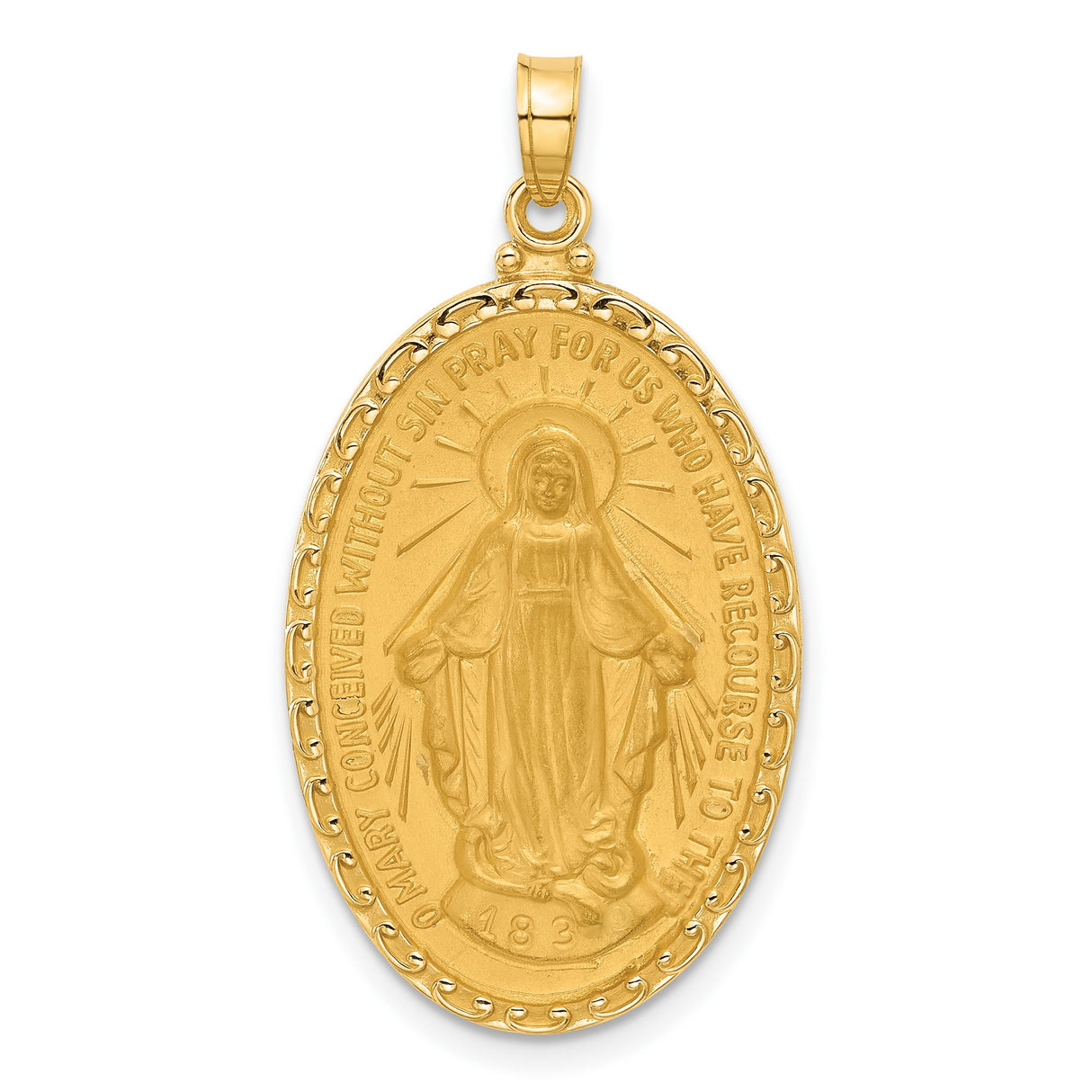 14k Yellow Gold Miraculous Medal Pendant Featuring Virgin Mary and Inscription