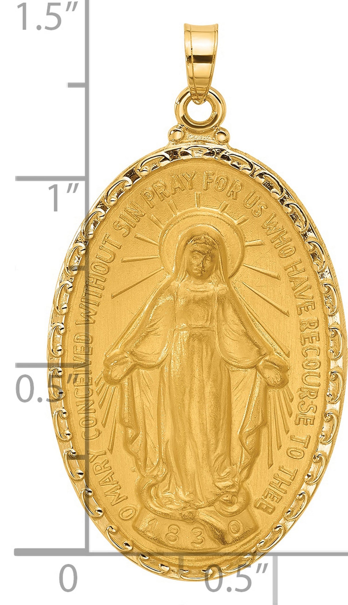 14k Yellow Gold Miraculous Medal Pendant Featuring Virgin Mary and Inscription