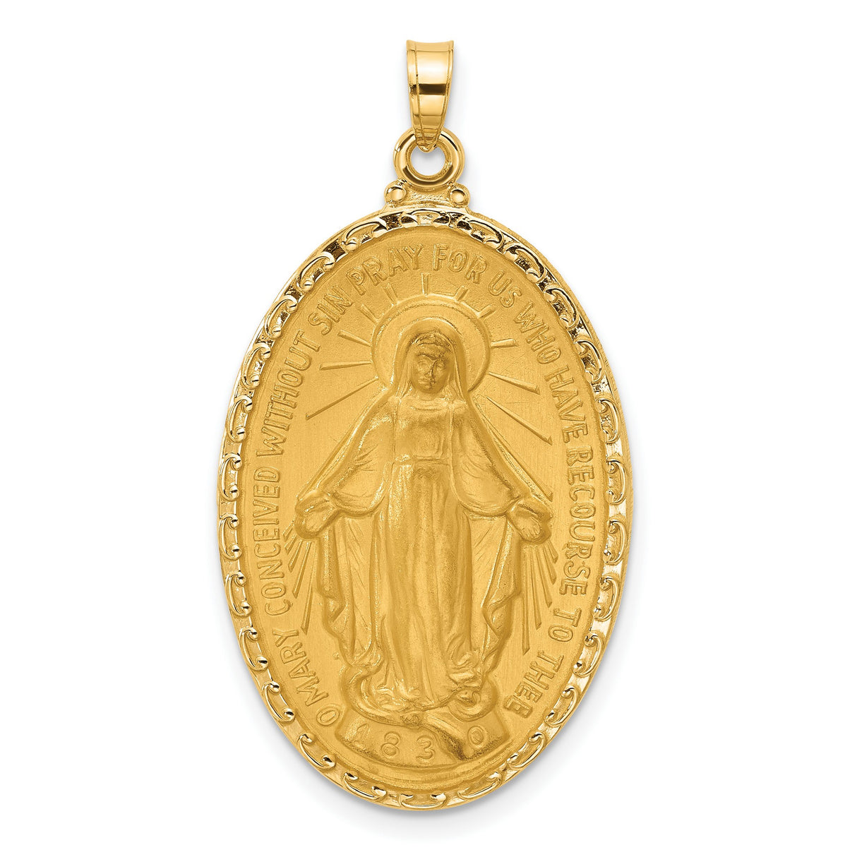 14k Yellow Gold Miraculous Medal Pendant Featuring Virgin Mary and Inscription