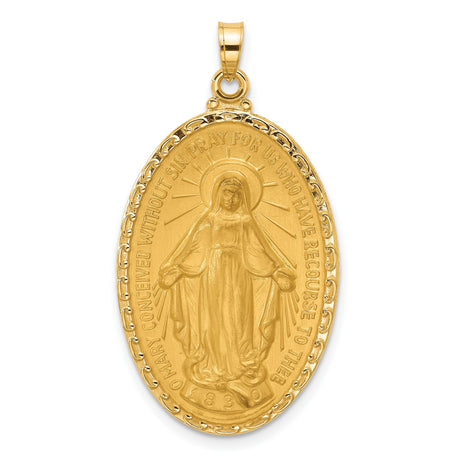 14k Yellow Gold Miraculous Medal Pendant Featuring Virgin Mary and Inscription
